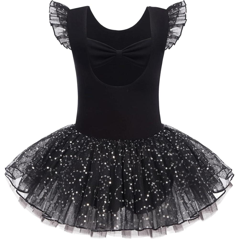 imageZaclotre Girls Ballet Ruffle Short Sleeve Skirted Leotards with Tutus Skirt Dance Dress Ballerina OutfitsZblack