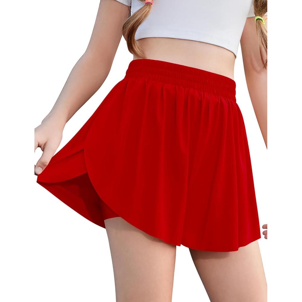 imageZaclotre Girls Butterfly Shorts with Pockets 2 in 1 Flowy Running Shorts Kids Athletic Skorts for Tennis Cheer DanceRed
