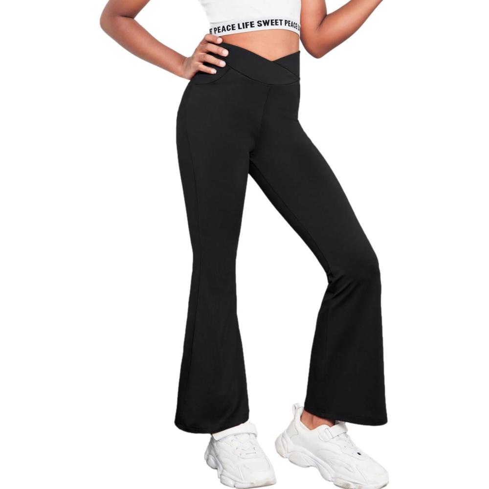 imageZaclotre Girls Flare Leggings High Waisted V Crossover Casual Yoga Bell Bottoms with Pockets Pants for KidBlack