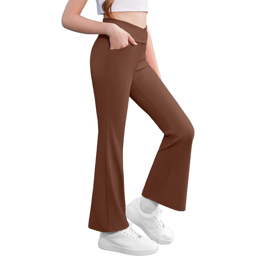 imageZaclotre Girls Flare Leggings High Waisted V Crossover Casual Yoga Bell Bottoms with Pockets Pants for KidBrown