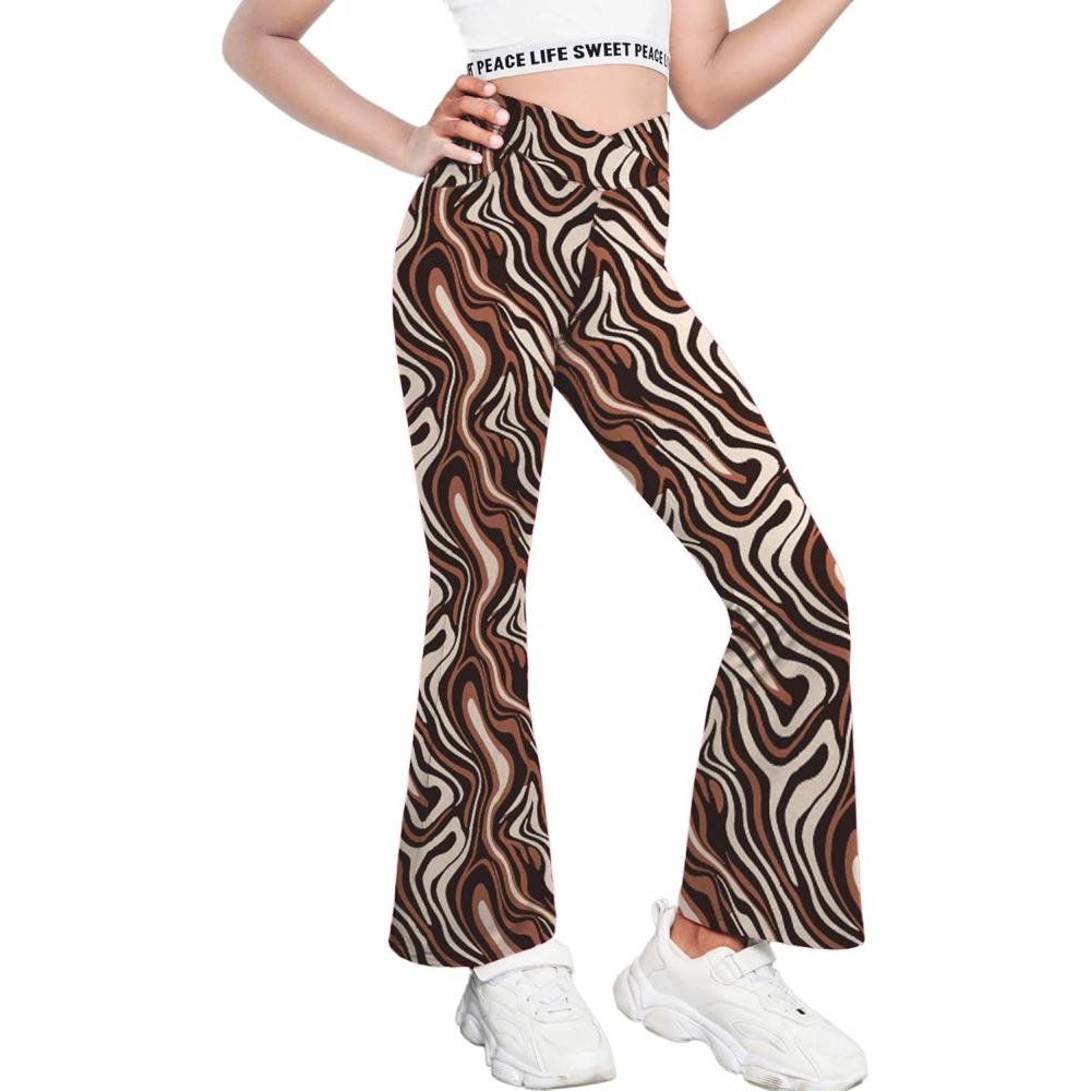 imageZaclotre Girls Flare Leggings High Waisted V Crossover Casual Yoga Bell Bottoms with Pockets Pants for KidBrown Marble
