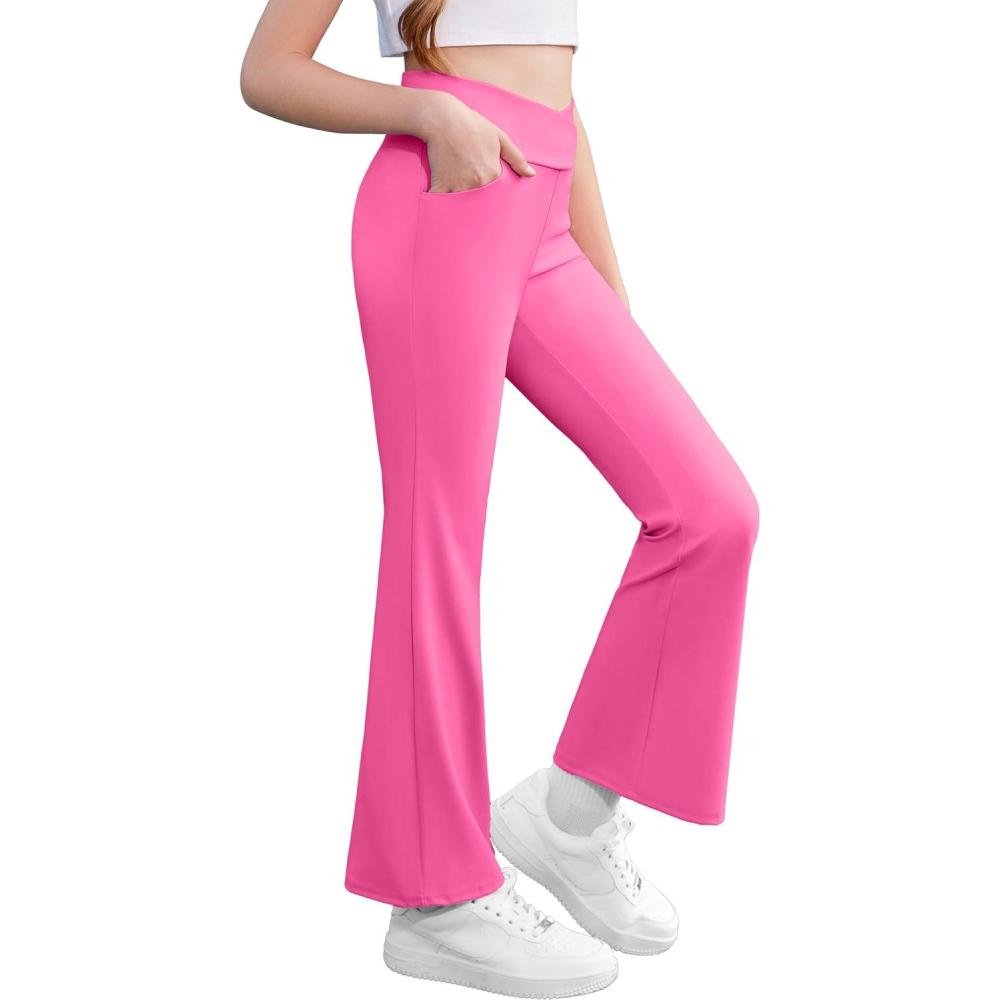 imageZaclotre Girls Flare Leggings High Waisted V Crossover Casual Yoga Bell Bottoms with Pockets Pants for KidHot Pink