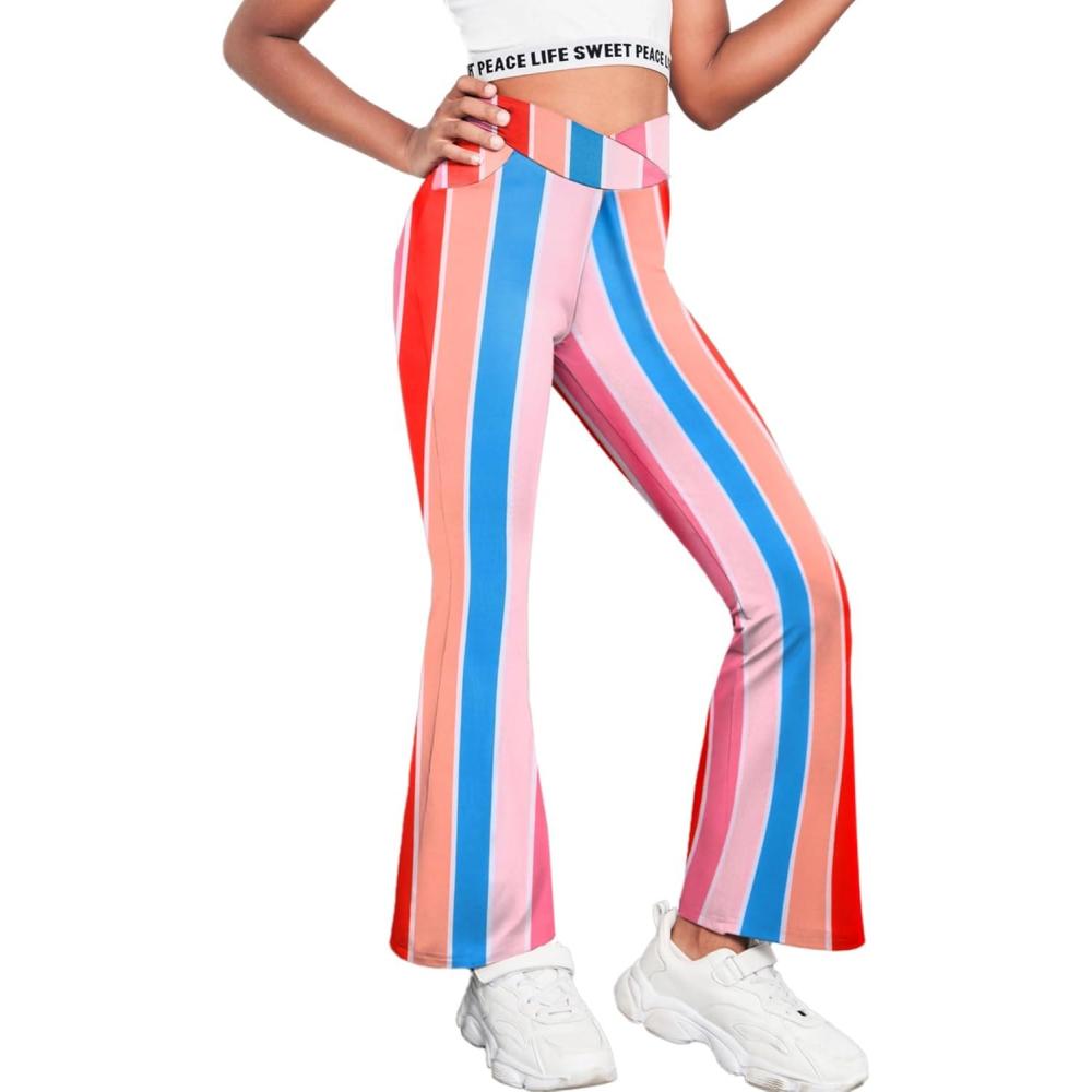 imageZaclotre Girls Flare Leggings High Waisted V Crossover Casual Yoga Bell Bottoms with Pockets Pants for KidMulticolor Strap