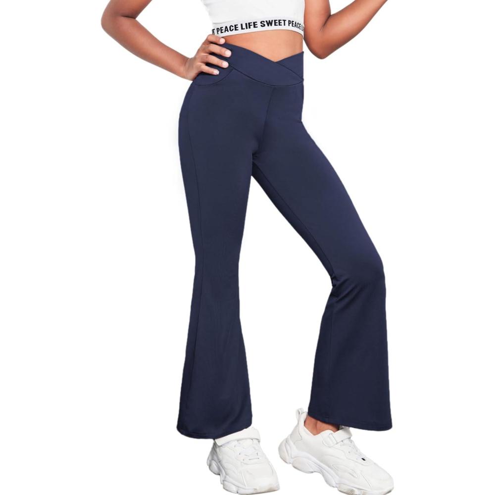 imageZaclotre Girls Flare Leggings High Waisted V Crossover Casual Yoga Bell Bottoms with Pockets Pants for KidNavy Blue