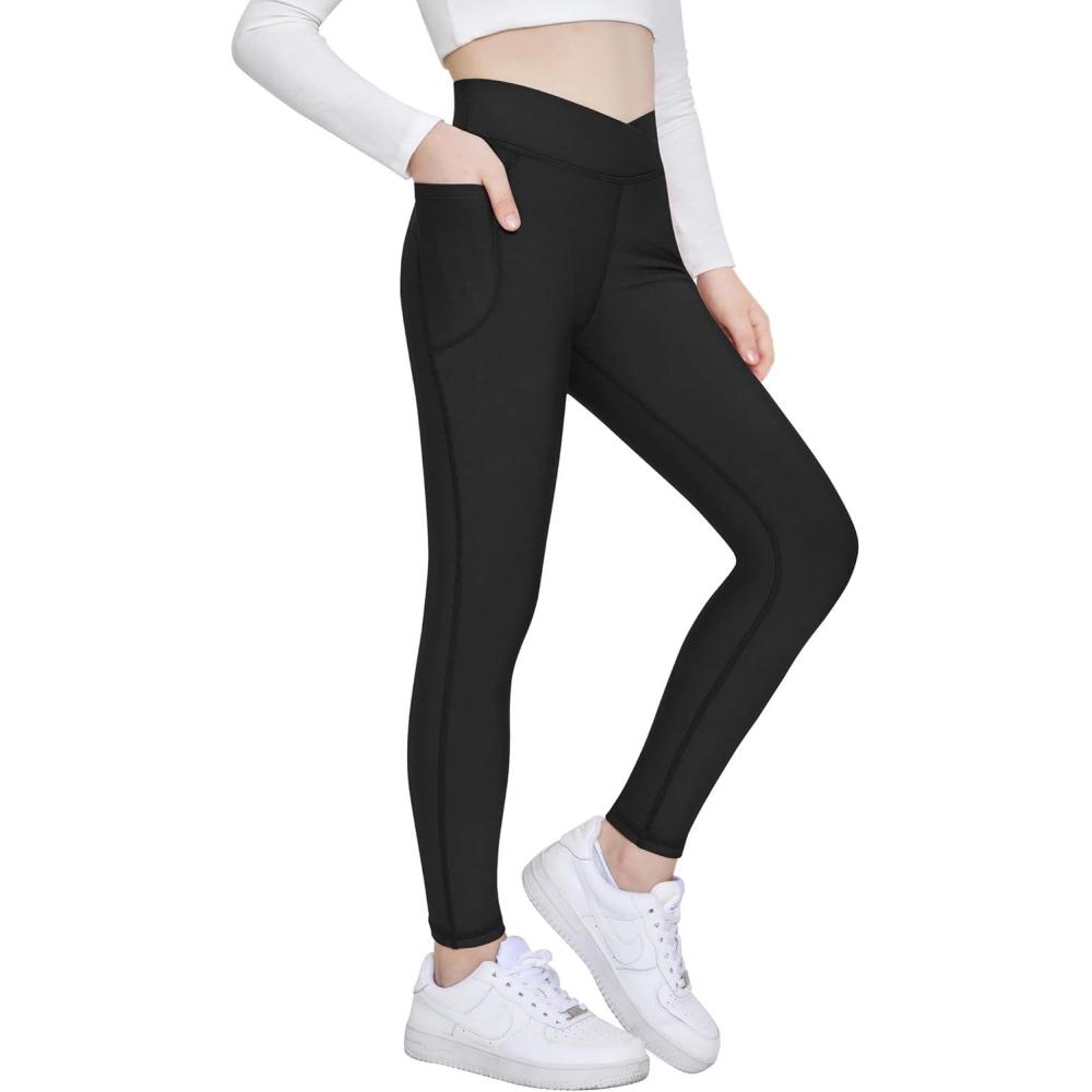 imageZaclotre Girls Fleece Lined Leggings Kids Water Resistant Winter Warm Crossover Athletic Yoga Pants with PocketsBlack