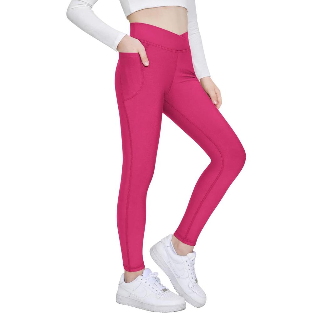 imageZaclotre Girls Fleece Lined Leggings Kids Water Resistant Winter Warm Crossover Athletic Yoga Pants with PocketsHot Pink