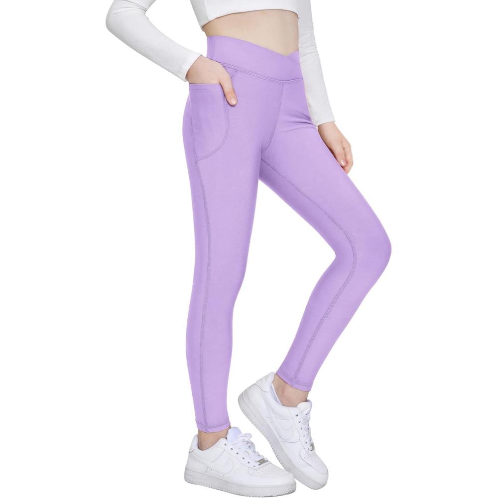 imageZaclotre Girls Fleece Lined Leggings Kids Water Resistant Winter Warm Crossover Athletic Yoga Pants with PocketsPurple