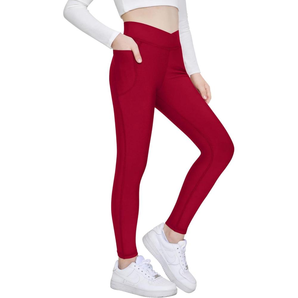 imageZaclotre Girls Fleece Lined Leggings Kids Water Resistant Winter Warm Crossover Athletic Yoga Pants with PocketsRed