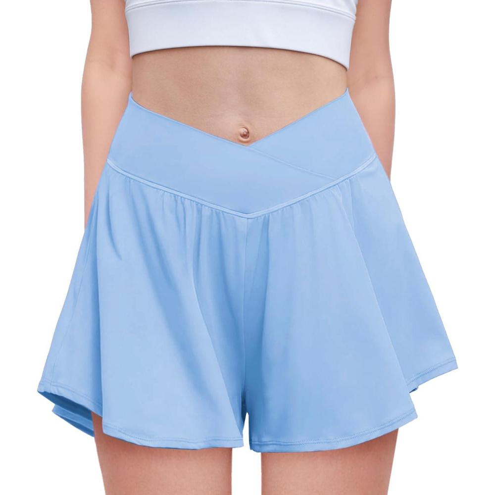 imageZaclotre Girls Flowy Shorts with Spandex Liner V Crossover 2 in 1 Athletic Running Shorts with Pockets Kids Butterfly SkortsBlue