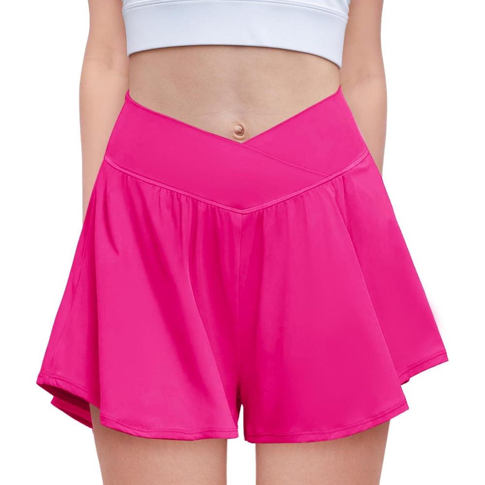 imageZaclotre Girls Flowy Shorts with Spandex Liner V Crossover 2 in 1 Athletic Running Shorts with Pockets Kids Butterfly SkortsHot Pink