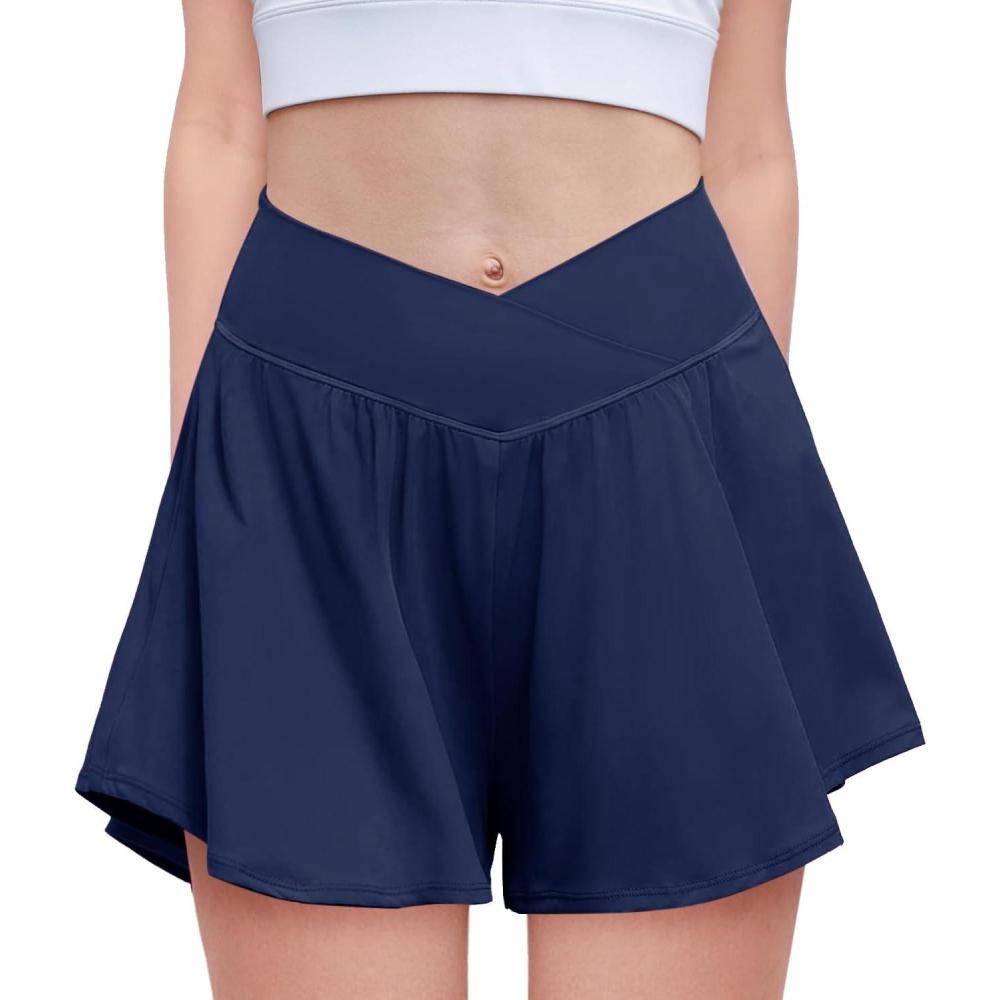 imageZaclotre Girls Flowy Shorts with Spandex Liner V Crossover 2 in 1 Athletic Running Shorts with Pockets Kids Butterfly SkortsNavy Blue