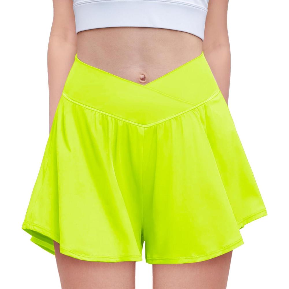 imageZaclotre Girls Flowy Shorts with Spandex Liner V Crossover 2 in 1 Athletic Running Shorts with Pockets Kids Butterfly SkortsNeon Green