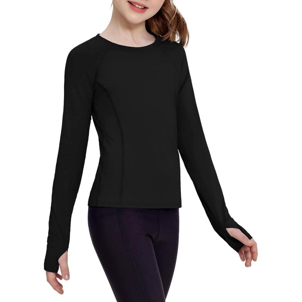 imageZaclotre Girls Long Sleeve Shirts with Thumb Holes Quick Dry Workout Athletic Tops for Kids Sport Performance ClothesBlack