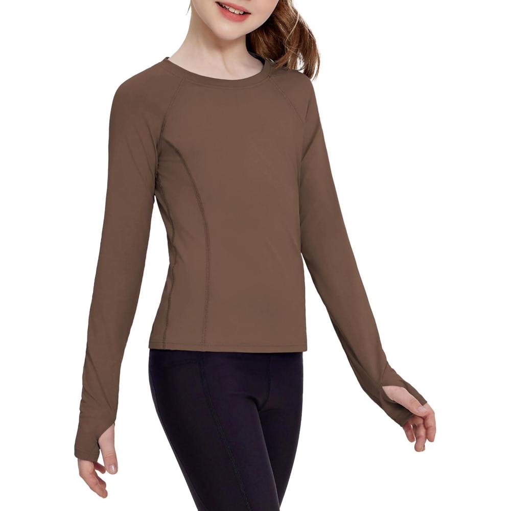 imageZaclotre Girls Long Sleeve Shirts with Thumb Holes Quick Dry Workout Athletic Tops for Kids Sport Performance ClothesBrown