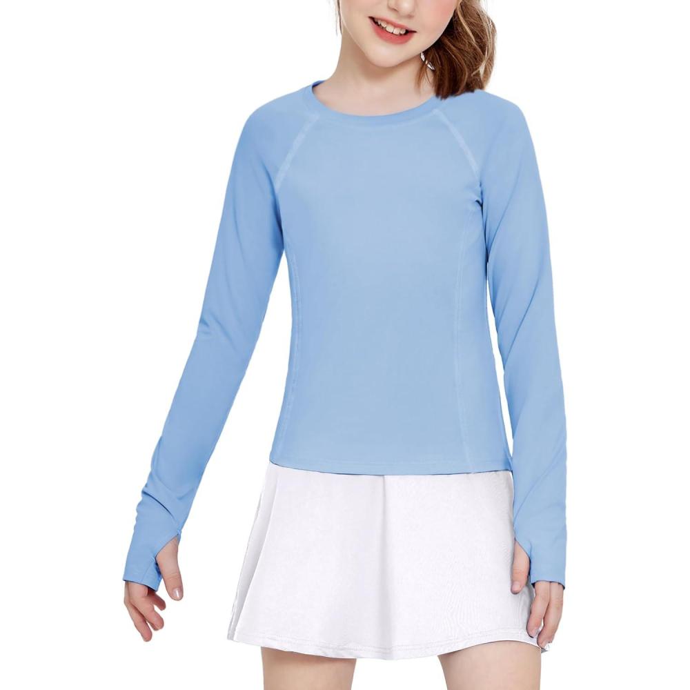 imageZaclotre Girls Long Sleeve Shirts with Thumb Holes Quick Dry Workout Athletic Tops for Kids Sport Performance ClothesLight Blue