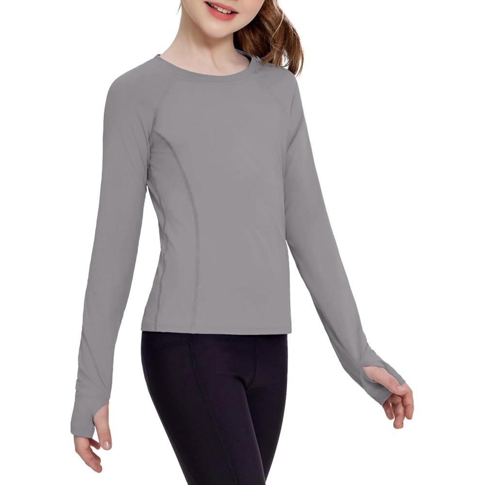 imageZaclotre Girls Long Sleeve Shirts with Thumb Holes Quick Dry Workout Athletic Tops for Kids Sport Performance ClothesLight Grey