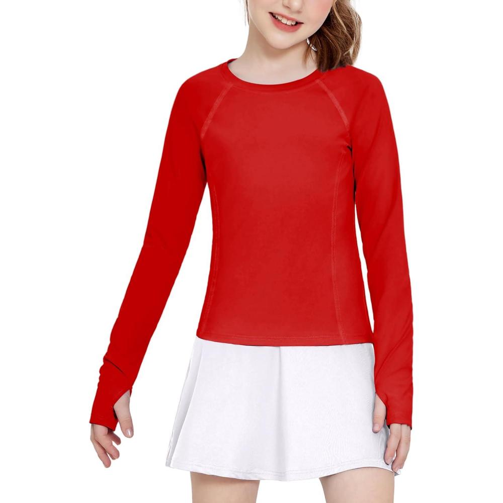 imageZaclotre Girls Long Sleeve Shirts with Thumb Holes Quick Dry Workout Athletic Tops for Kids Sport Performance ClothesRed