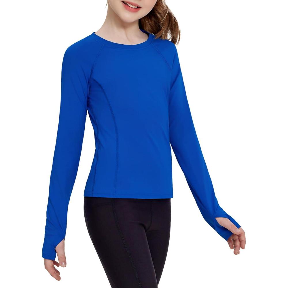 imageZaclotre Girls Long Sleeve Shirts with Thumb Holes Quick Dry Workout Athletic Tops for Kids Sport Performance ClothesRoyal Blue