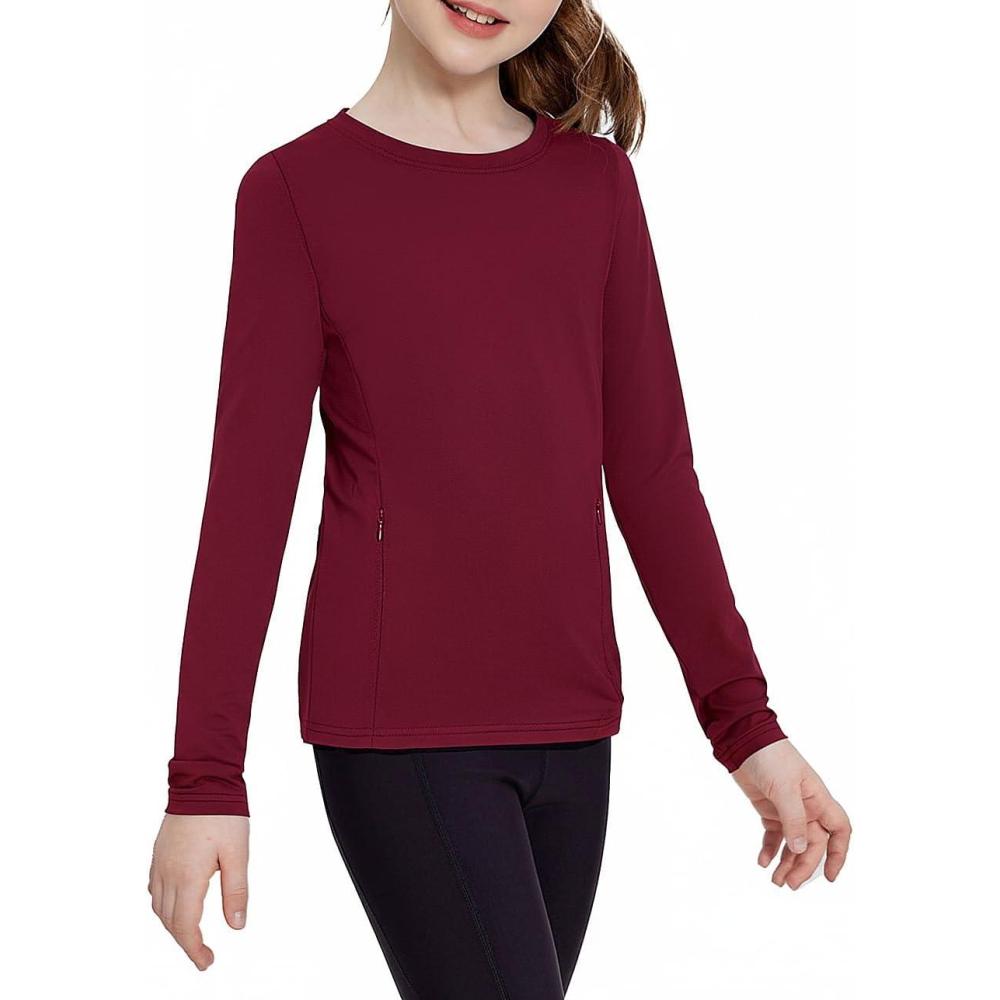 imageZaclotre Girls Long Sleeve Shirts with Zipper Pockets Quick Dry Athletic Workout Tops for Kids Sport Performance ClothesDeep Burgundy
