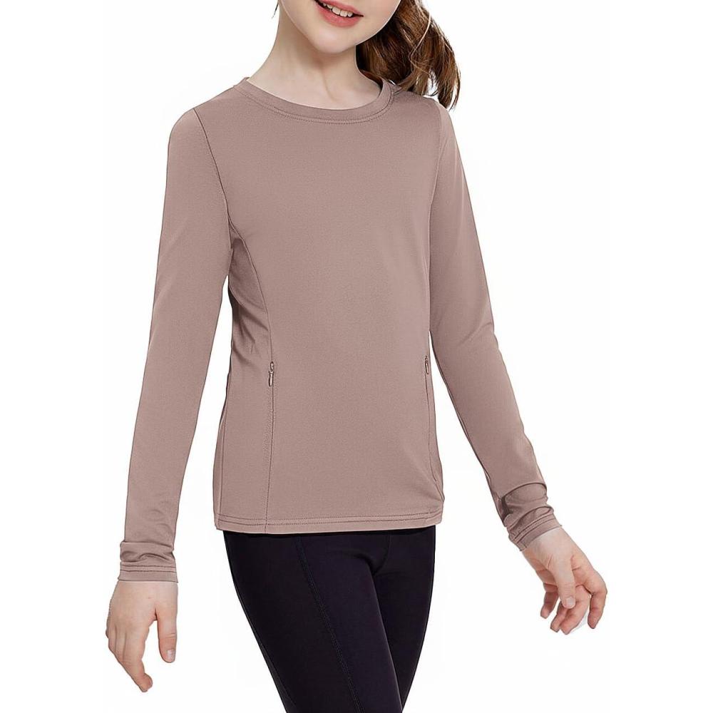 imageZaclotre Girls Long Sleeve Shirts with Zipper Pockets Quick Dry Athletic Workout Tops for Kids Sport Performance ClothesKhaki