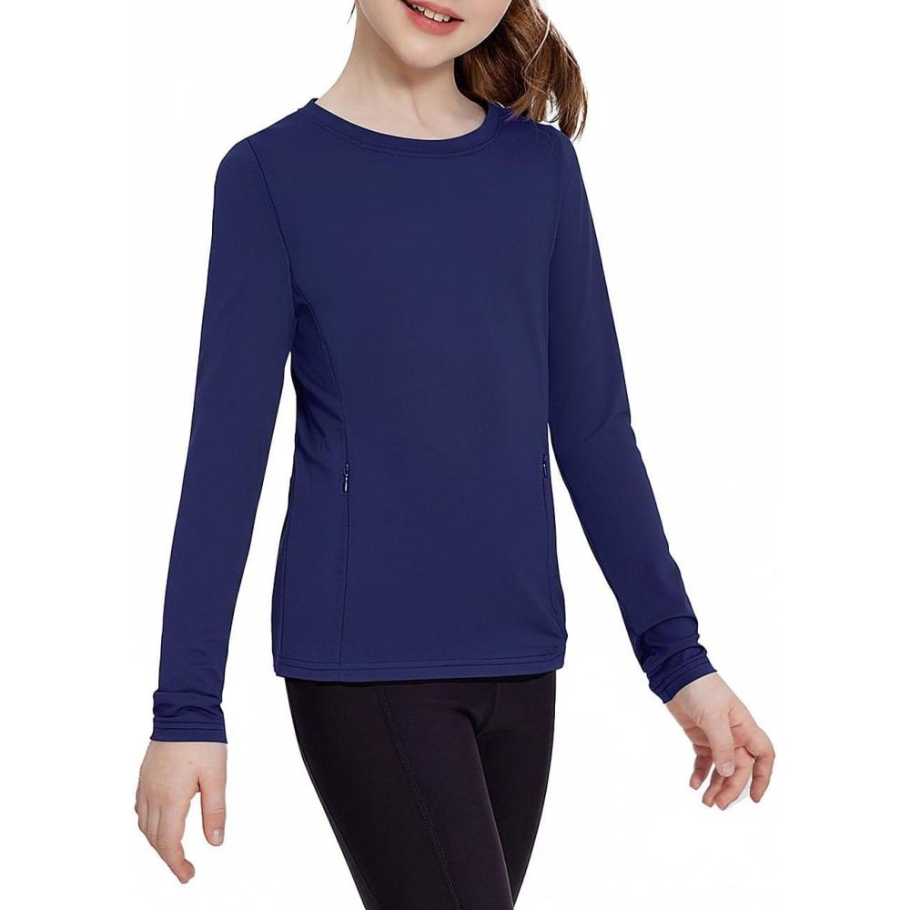 imageZaclotre Girls Long Sleeve Shirts with Zipper Pockets Quick Dry Athletic Workout Tops for Kids Sport Performance ClothesNavy Blue