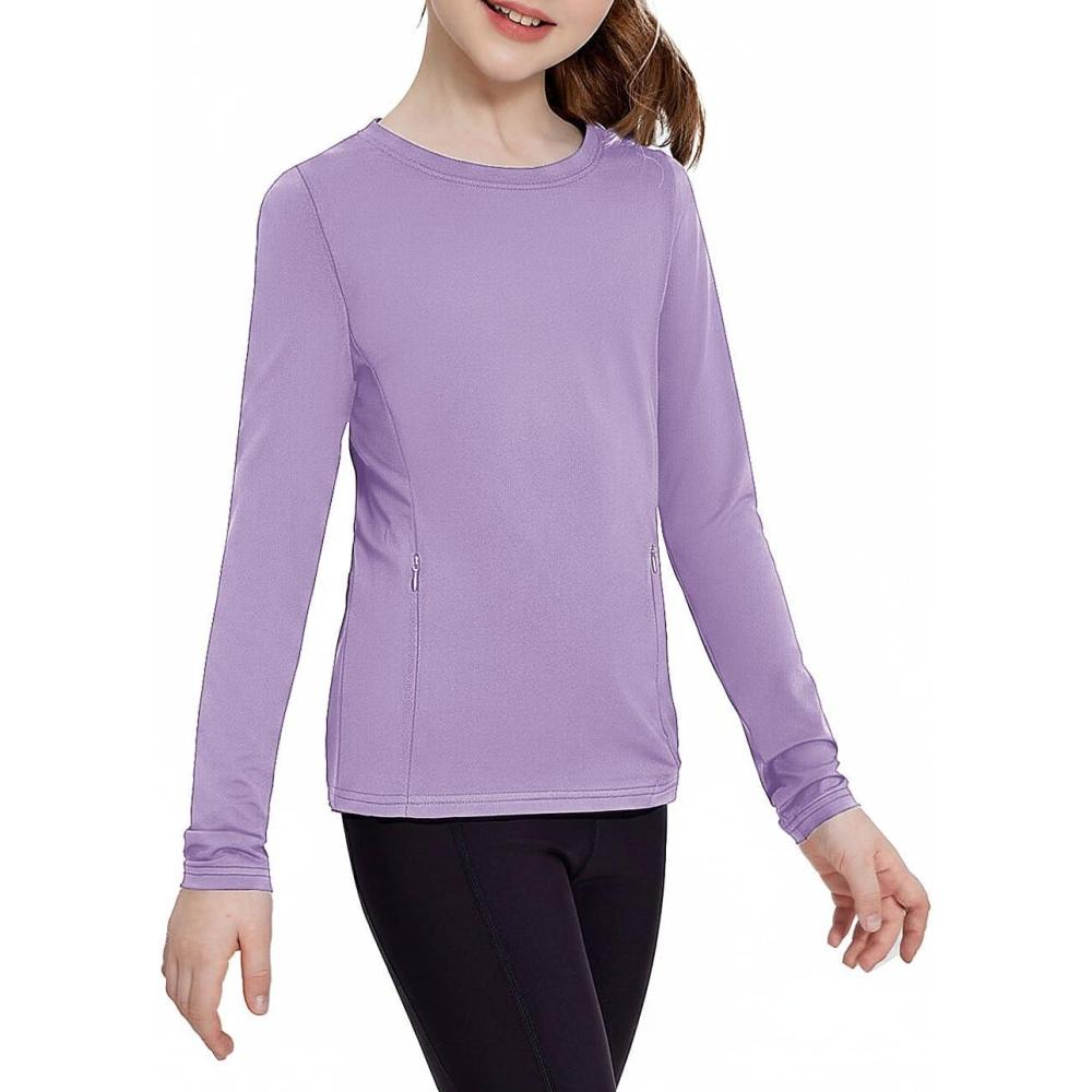 imageZaclotre Girls Long Sleeve Shirts with Zipper Pockets Quick Dry Athletic Workout Tops for Kids Sport Performance ClothesPurple