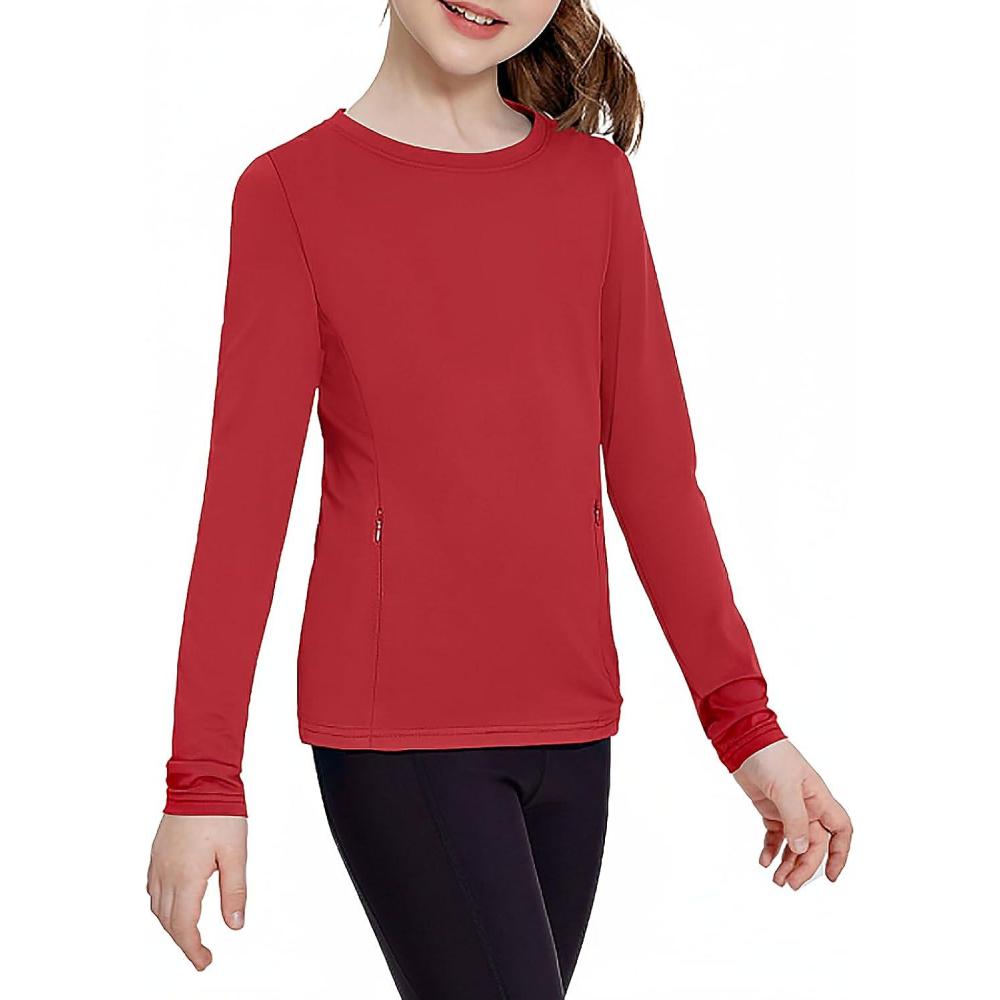 imageZaclotre Girls Long Sleeve Shirts with Zipper Pockets Quick Dry Athletic Workout Tops for Kids Sport Performance ClothesRed