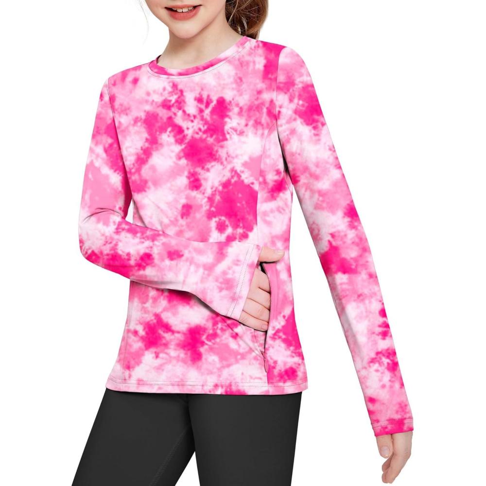 imageZaclotre Girls Long Sleeve Shirts with Zipper Pockets Quick Dry Athletic Workout Tops for Kids Sport Performance ClothesRose Tie Dye
