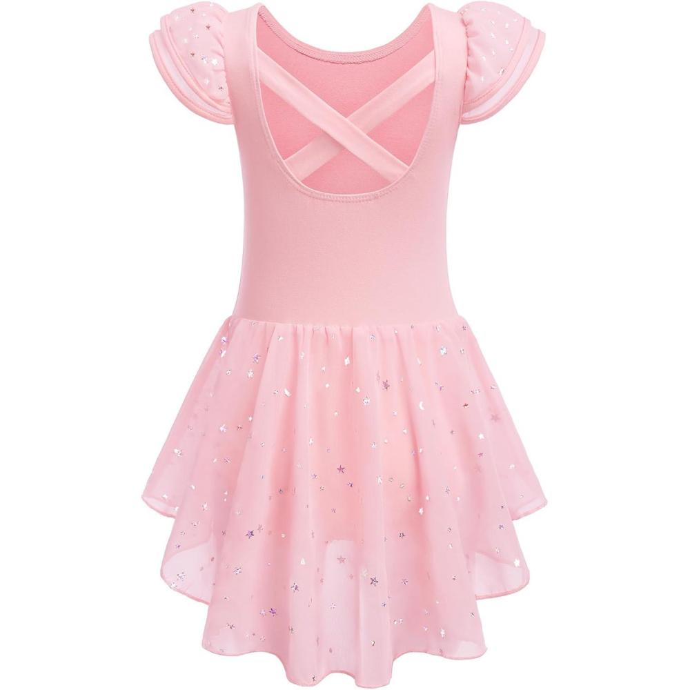 imageZaclotre Girls Ruffle Sleeve Ballet Leotard with Skirt CrissCross Back Dance Dresses OutfitBallet Pink