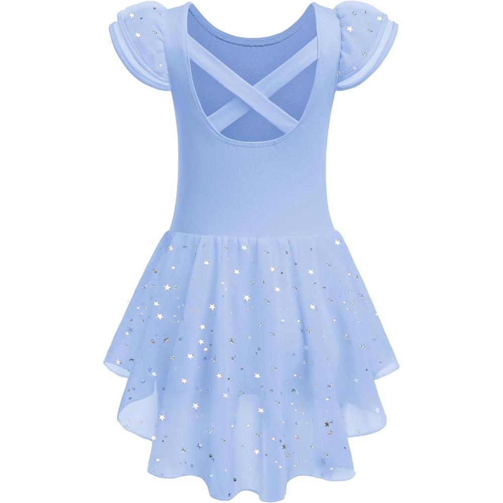 imageZaclotre Girls Ruffle Sleeve Ballet Leotard with Skirt CrissCross Back Dance Dresses OutfitBlue