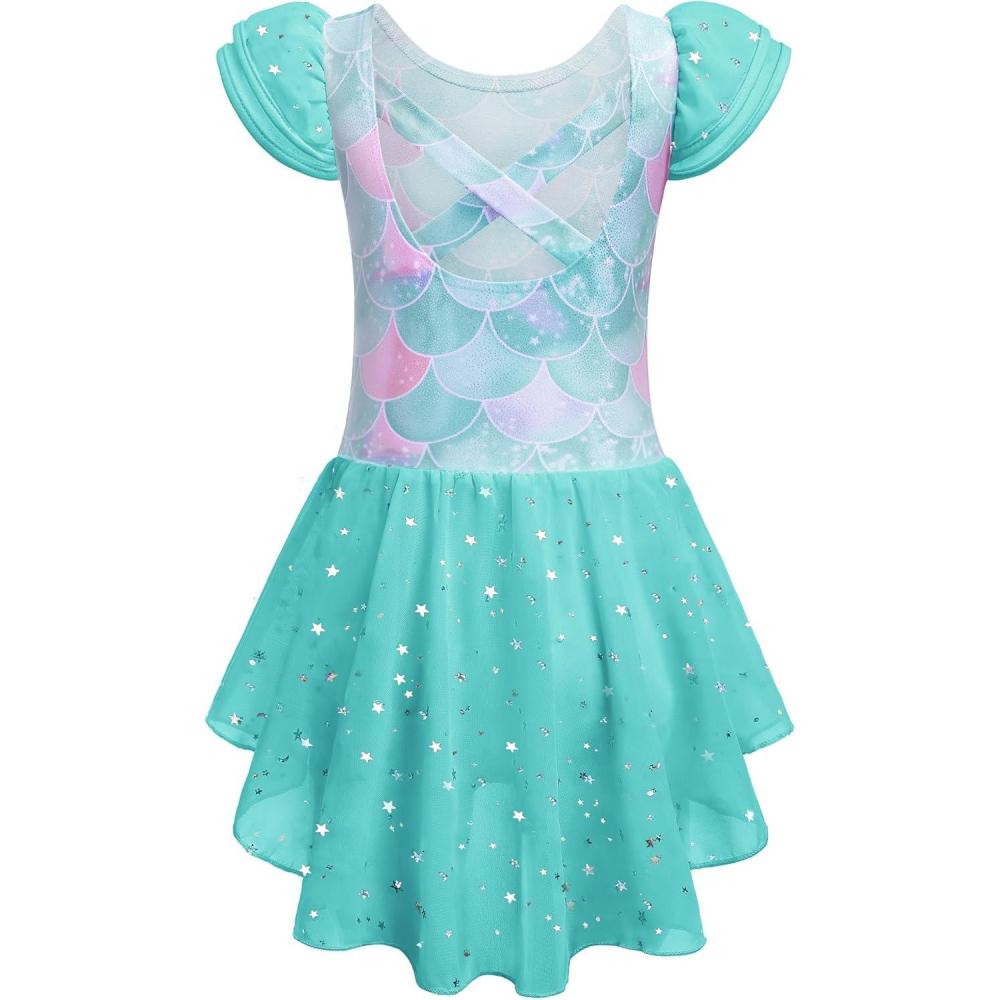 imageZaclotre Girls Ruffle Sleeve Ballet Leotard with Skirt CrissCross Back Dance Dresses OutfitGreen Mermaid