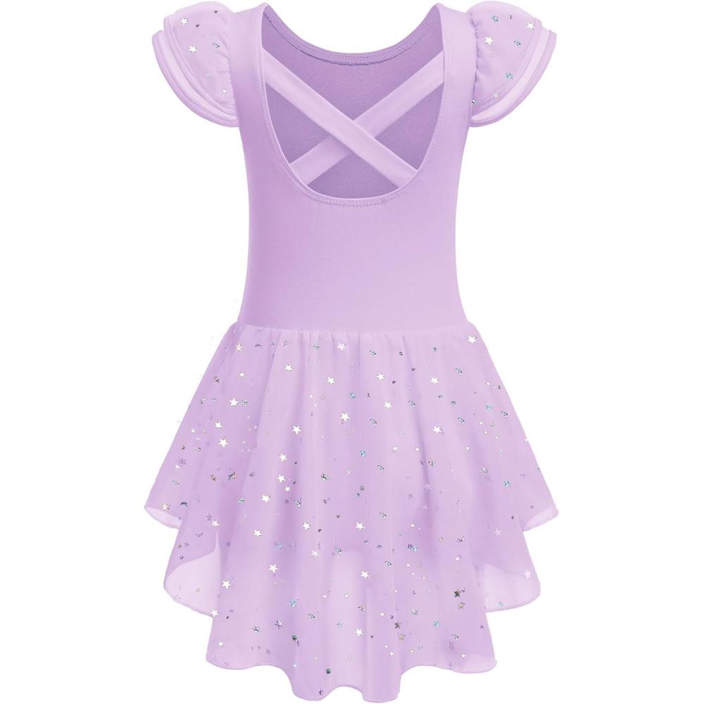 imageZaclotre Girls Ruffle Sleeve Ballet Leotard with Skirt CrissCross Back Dance Dresses OutfitLilac