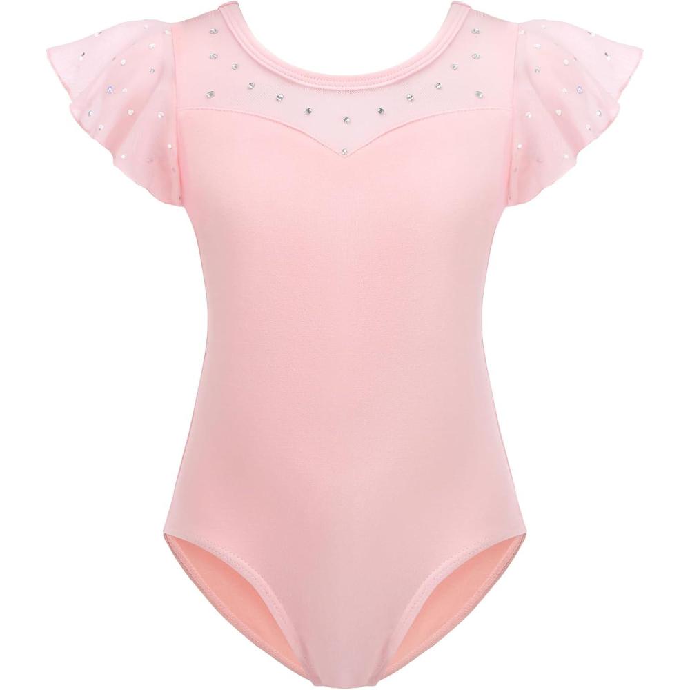 imageZaclotre Girls Ruffle Sleeve Ballet Leotards Toddler Mesh Dance Leotard Sparkly Gymnastics OutfitsBallet Pink