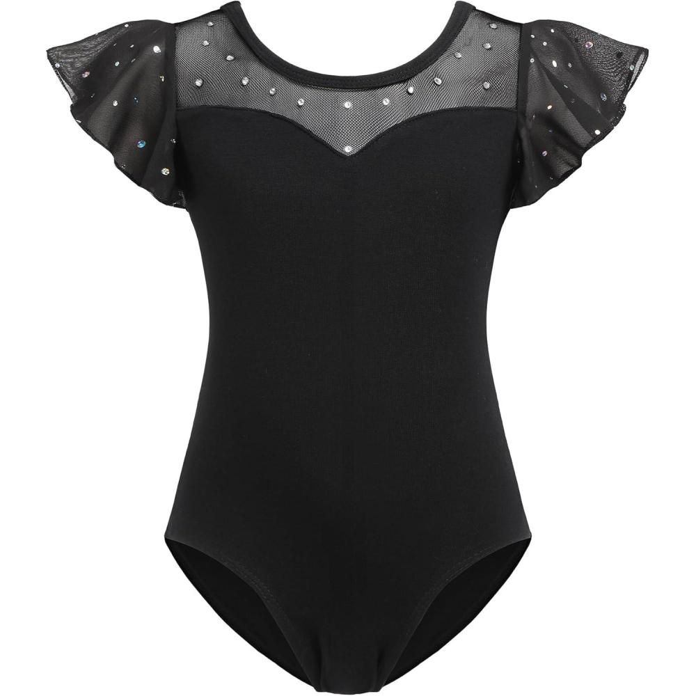imageZaclotre Girls Ruffle Sleeve Ballet Leotards Toddler Mesh Dance Leotard Sparkly Gymnastics OutfitsBlack