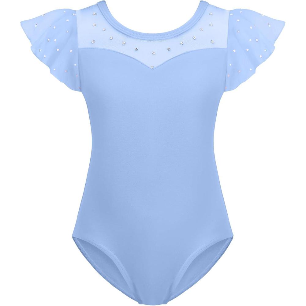 imageZaclotre Girls Ruffle Sleeve Ballet Leotards Toddler Mesh Dance Leotard Sparkly Gymnastics OutfitsBlue