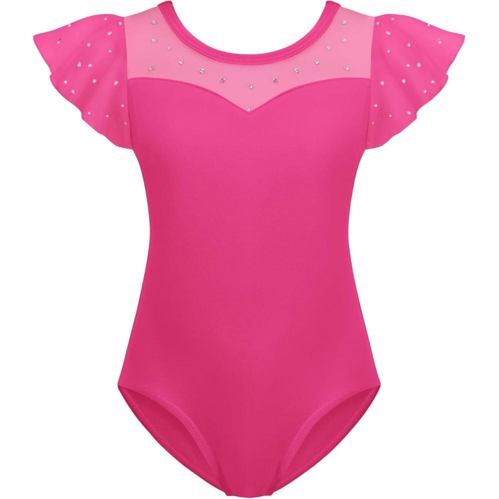 imageZaclotre Girls Ruffle Sleeve Ballet Leotards Toddler Mesh Dance Leotard Sparkly Gymnastics OutfitsHot Pink