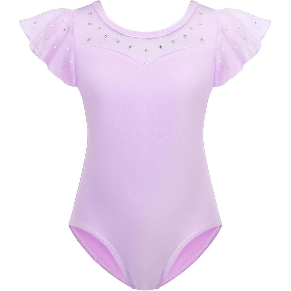 imageZaclotre Girls Ruffle Sleeve Ballet Leotards Toddler Mesh Dance Leotard Sparkly Gymnastics OutfitsLilac