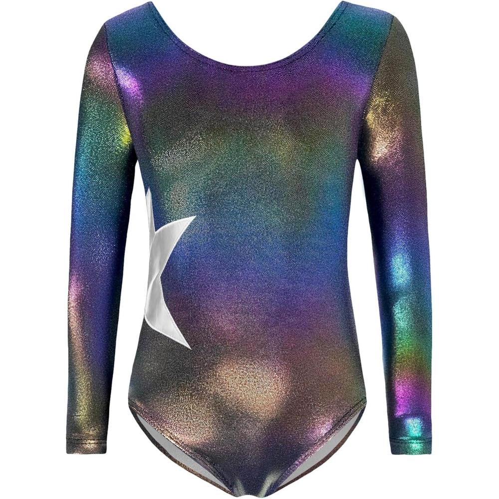 imageZaclotre Girls Sparkling Stars Gymnastics Long Sleeve Leotards for Patriotic USA KidsBlack Gradient