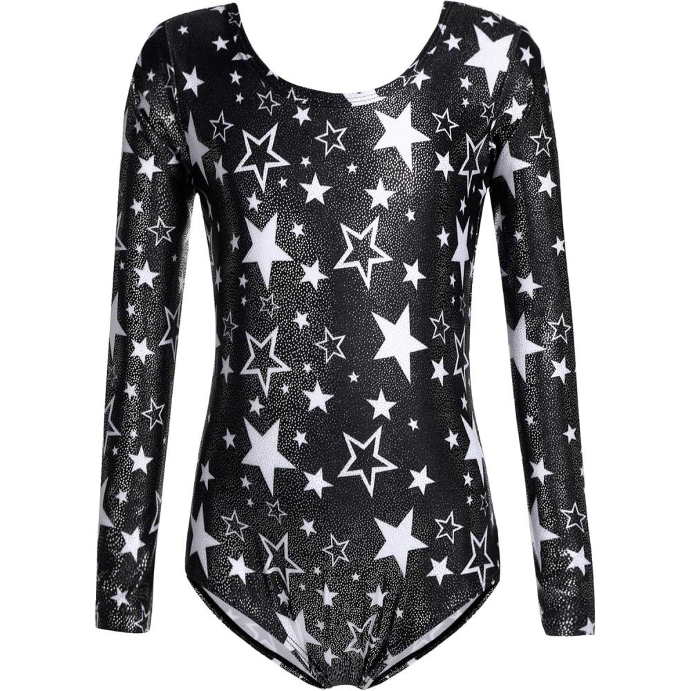 imageZaclotre Girls Sparkling Stars Gymnastics Long Sleeve Leotards for Patriotic USA KidsBlackStar Print