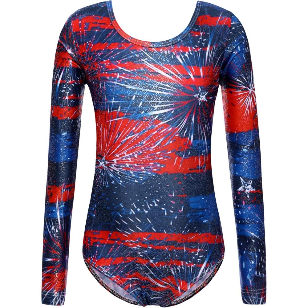 imageZaclotre Girls Sparkling Stars Gymnastics Long Sleeve Leotards for Patriotic USA KidsFirework