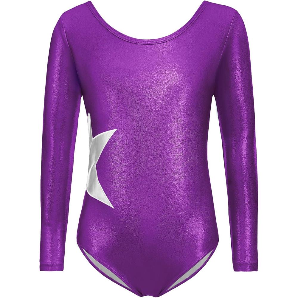 imageZaclotre Girls Sparkling Stars Gymnastics Long Sleeve Leotards for Patriotic USA KidsPurple