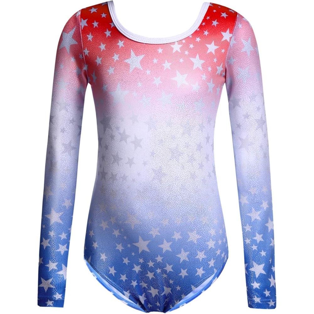 imageZaclotre Girls Sparkling Stars Gymnastics Long Sleeve Leotards for Patriotic USA KidsRed and BluePatriotic Star Print
