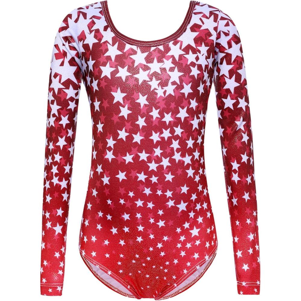imageZaclotre Girls Sparkling Stars Gymnastics Long Sleeve Leotards for Patriotic USA KidsRedStar Print