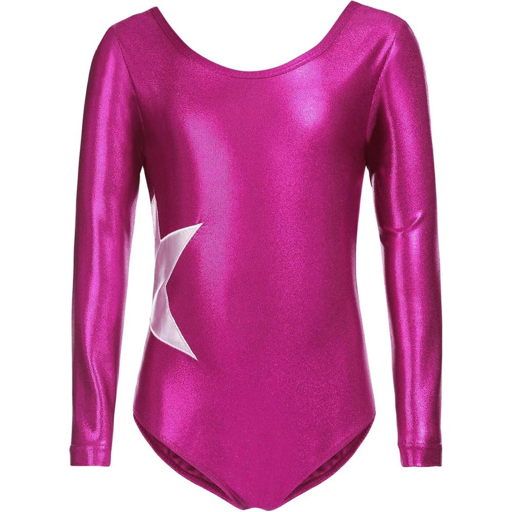 imageZaclotre Girls Sparkling Stars Gymnastics Long Sleeve Leotards for Patriotic USA KidsRose Red