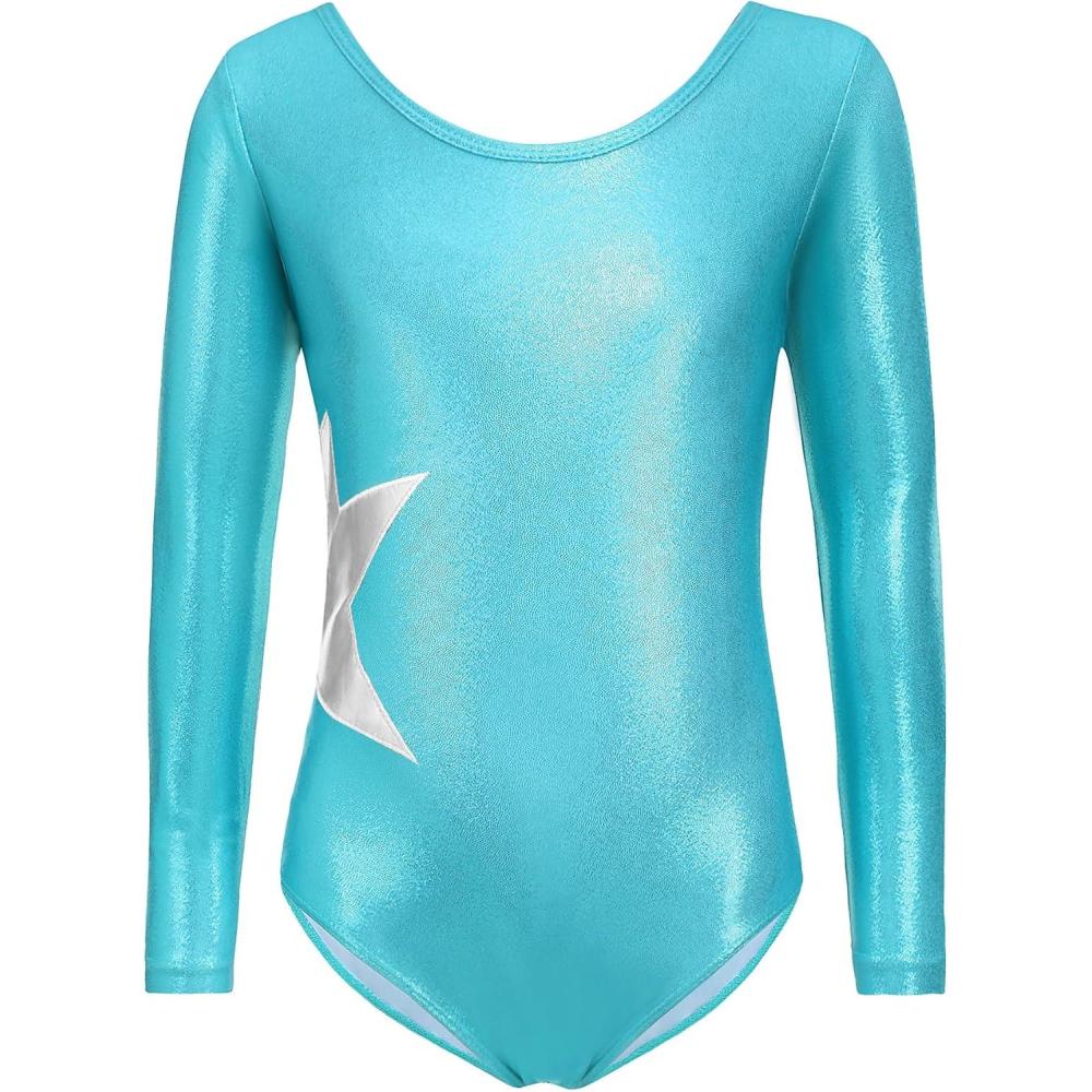 imageZaclotre Girls Sparkling Stars Gymnastics Long Sleeve Leotards for Patriotic USA KidsTeal