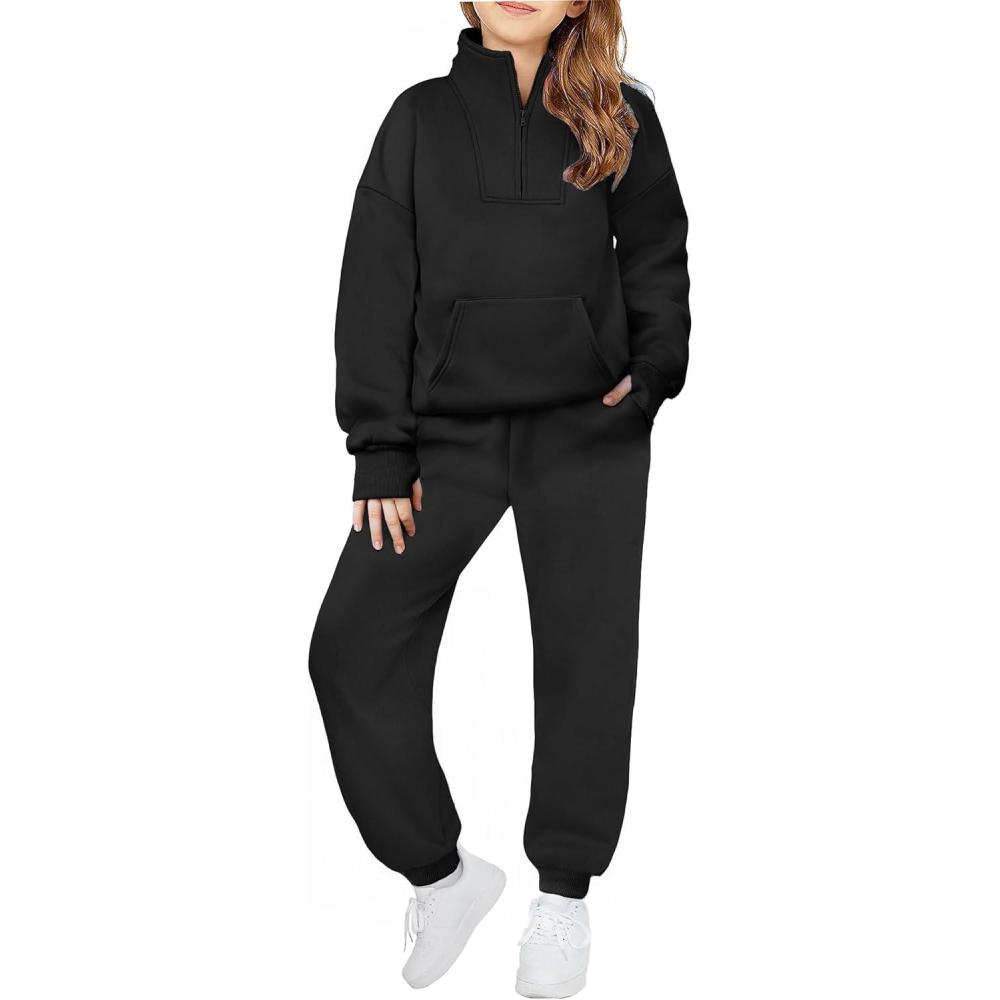 imageZaclotre Girls Sweatsuit 2 Piece Outfits Fall Winter Fleece Half Zip Thumb Hole Sweatshirts and Sweatpants Joggers SetBlack