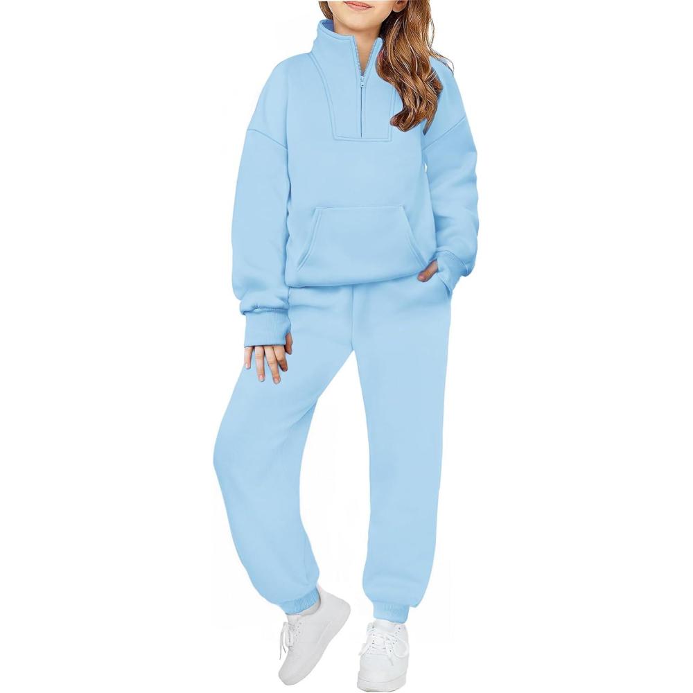 imageZaclotre Girls Sweatsuit 2 Piece Outfits Fall Winter Fleece Half Zip Thumb Hole Sweatshirts and Sweatpants Joggers SetLight Blue