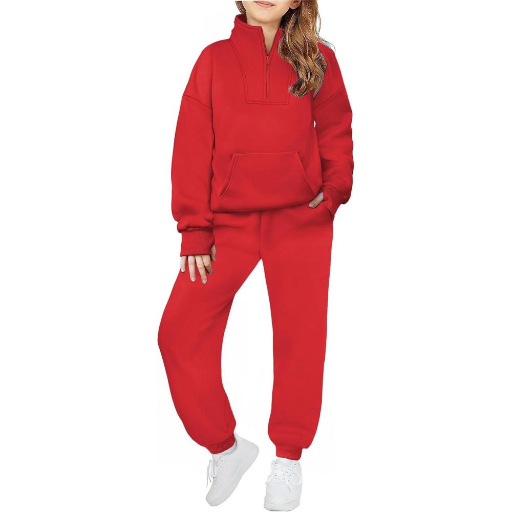 imageZaclotre Girls Sweatsuit 2 Piece Outfits Fall Winter Fleece Half Zip Thumb Hole Sweatshirts and Sweatpants Joggers SetRed