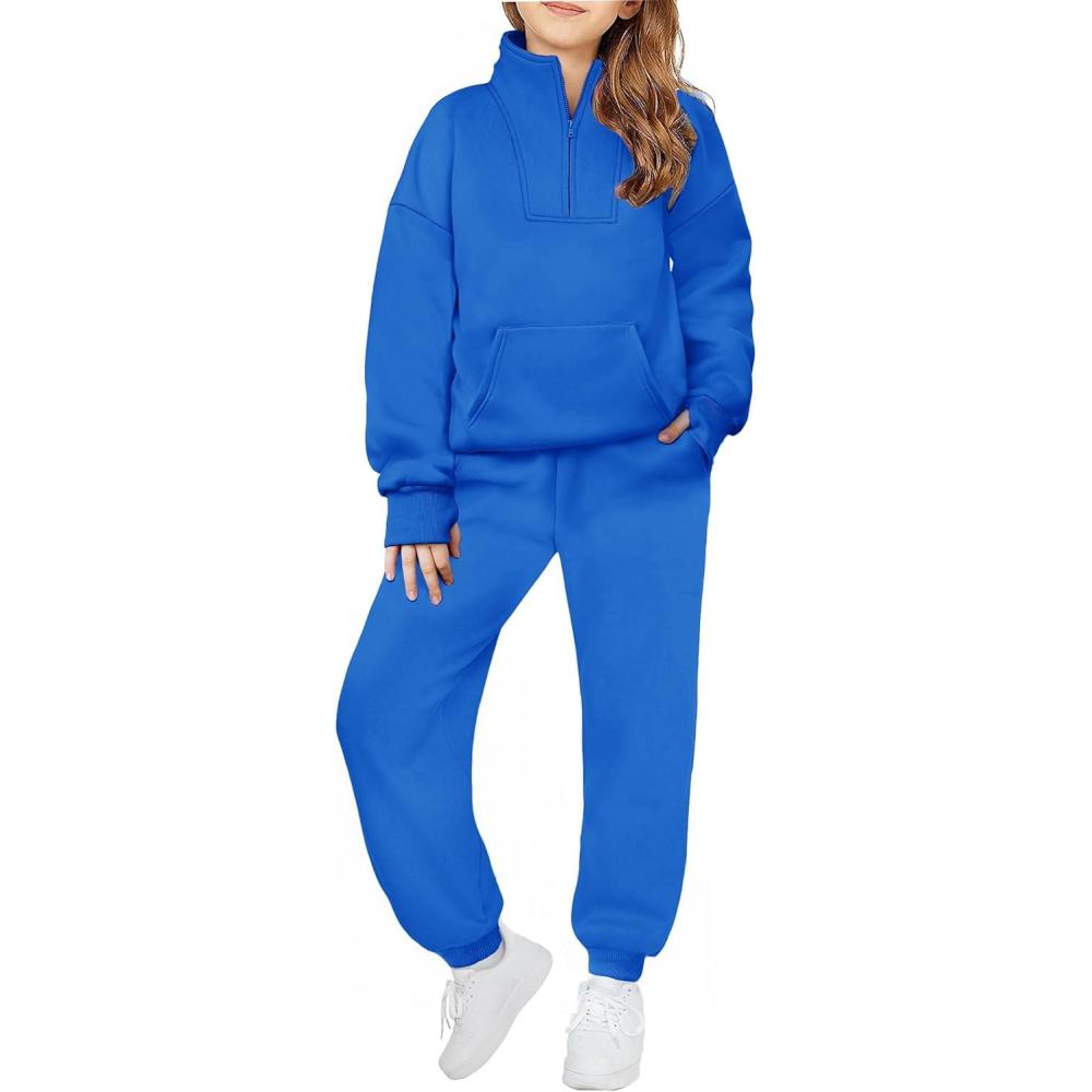 imageZaclotre Girls Sweatsuit 2 Piece Outfits Fall Winter Fleece Half Zip Thumb Hole Sweatshirts and Sweatpants Joggers SetRoyal Blue