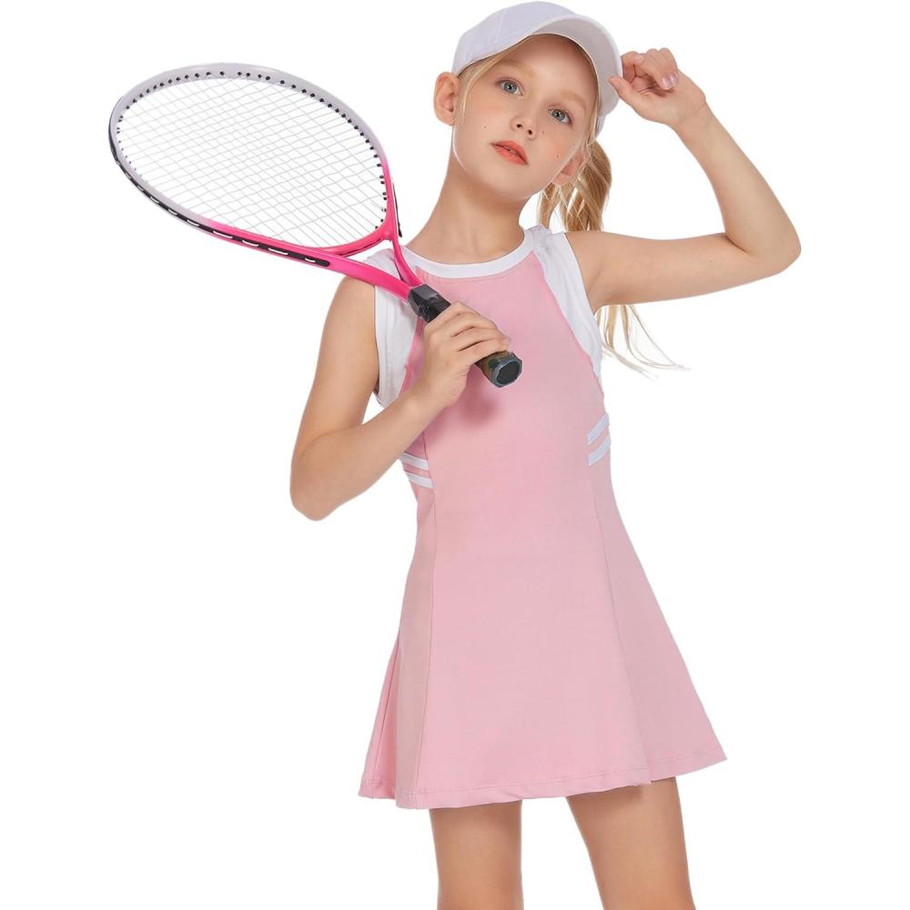 imageZaclotre Girls Tennis Dress Cute Golf Outfit Sleeveless Workout Athletic Dresses with Shorts Pockets1pink